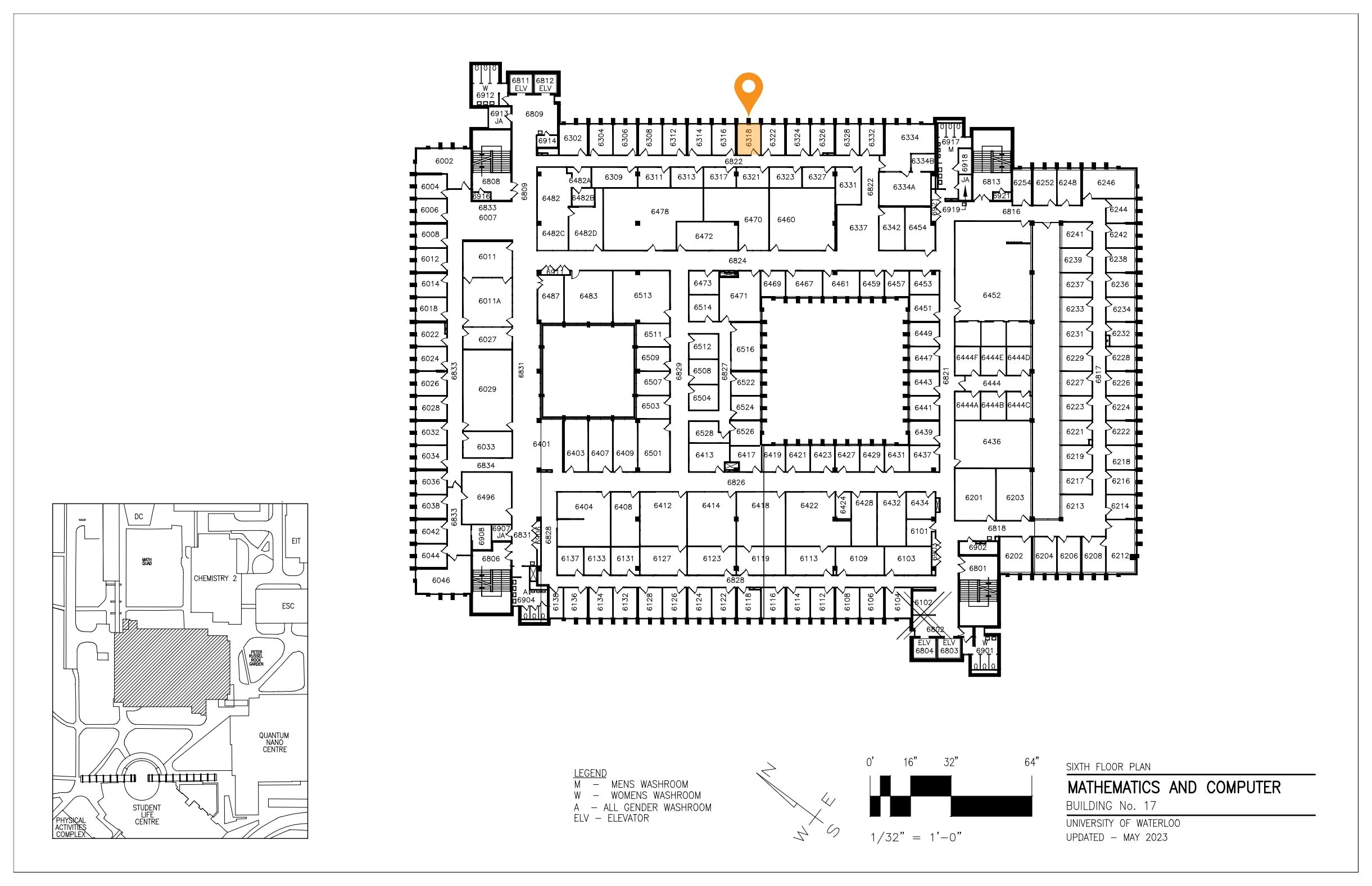 Sixth floor plan of the Mathematics & Computer Building with room 6318 marked